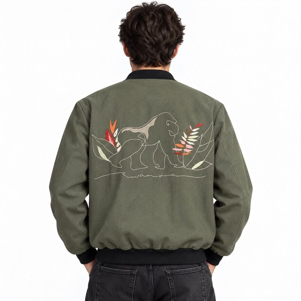 IBABA Rwanda Hand Embroidered Gorilla Bomber Jacket Olive Artisan Utility S